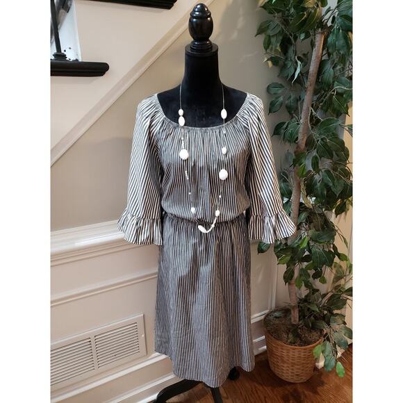 NY Collection Stripe Drawstring Dress Women Size 2X Black White Off the Shoulder - Picture 1 of 14